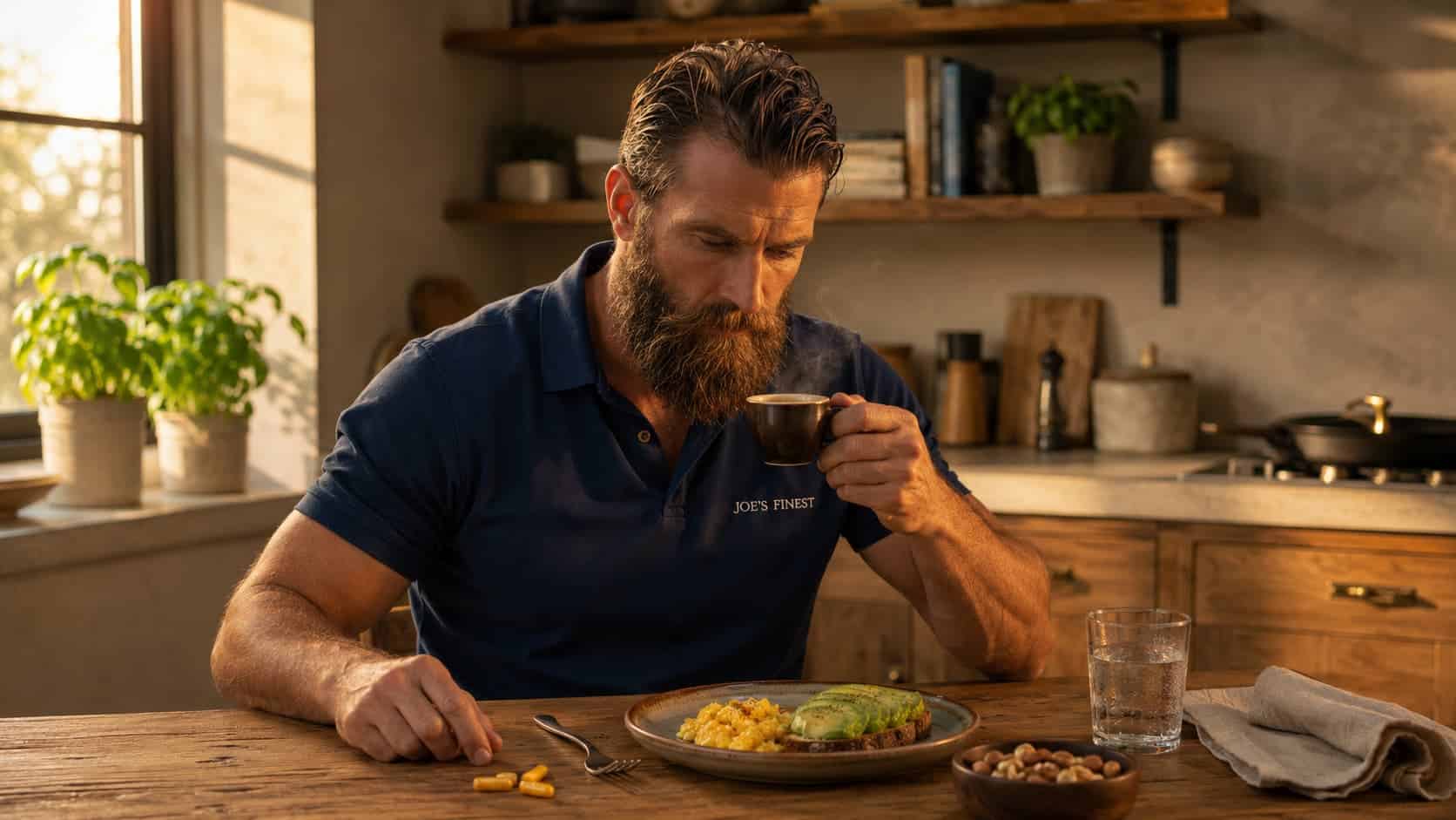 Biotin Bart Frühstück mit Kapseln, Eiern, Avocado und Spinat