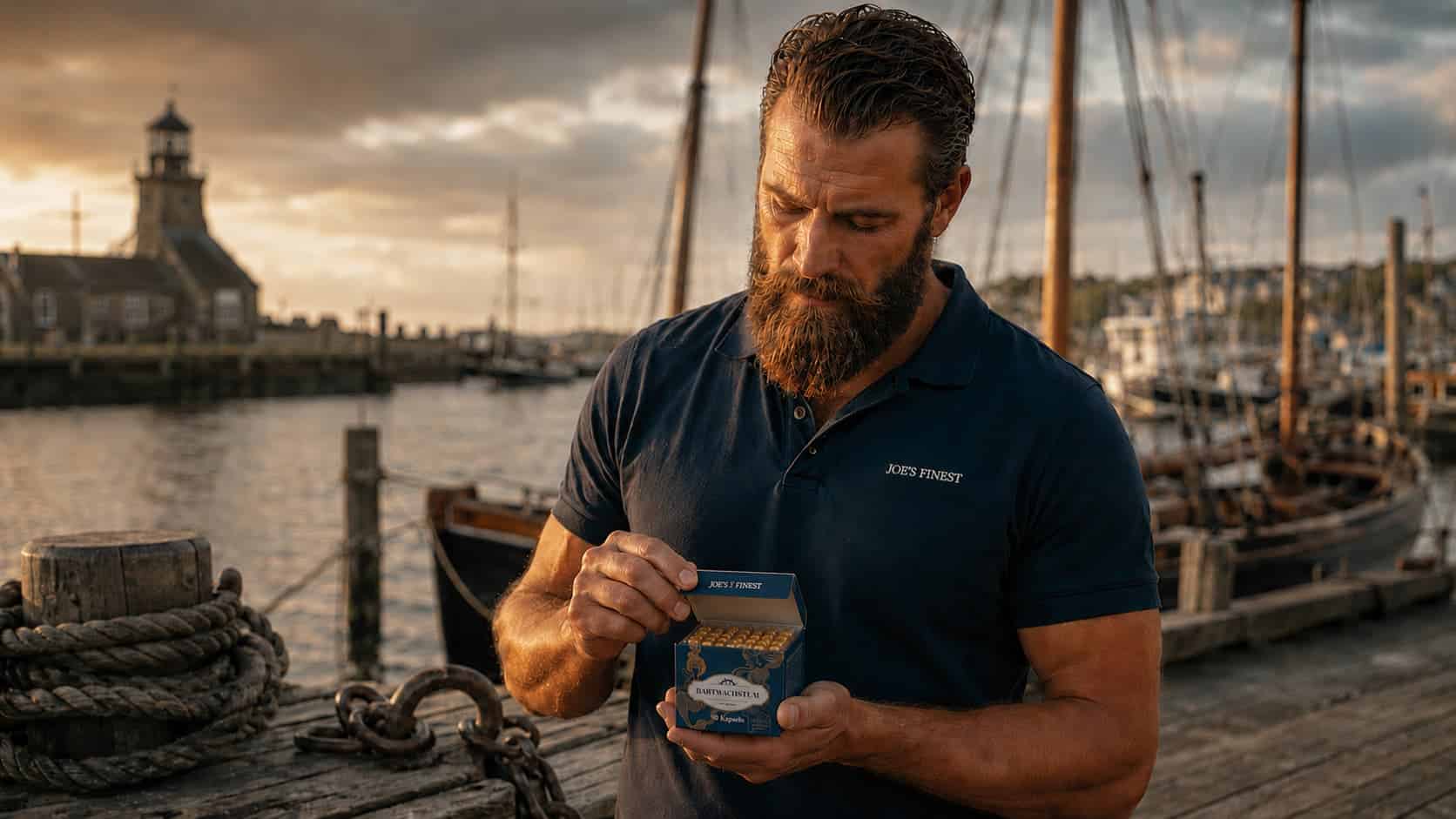 Joe-Mann am Hafen mit Joe's Finest Bartwuchskapseln – tägliche Routine