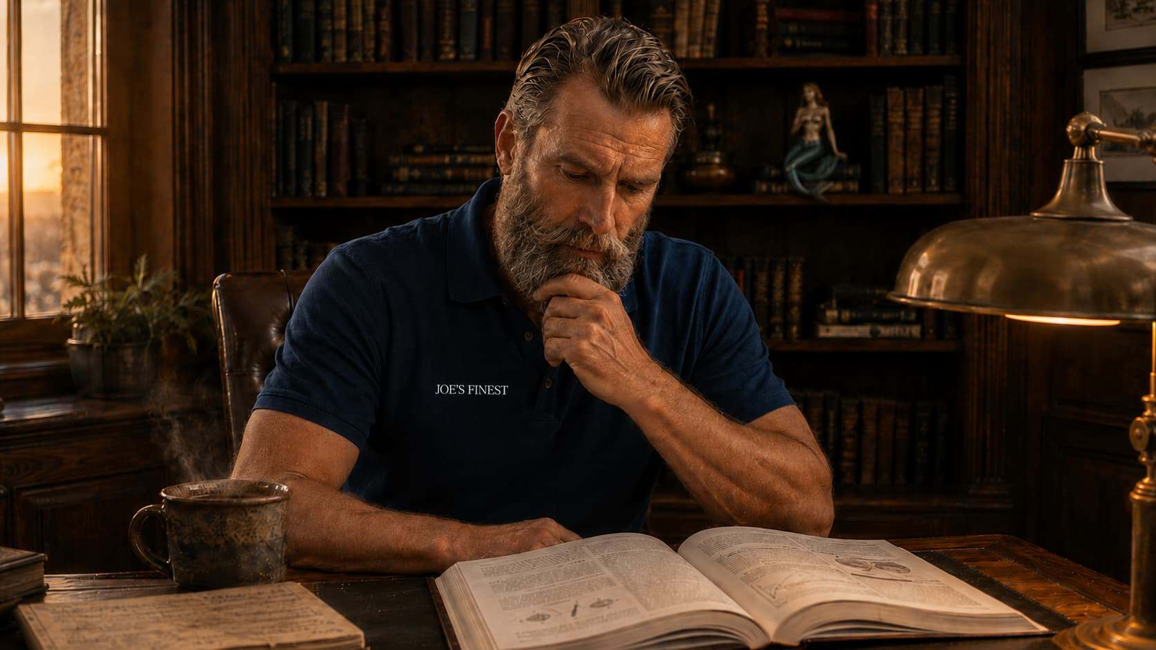 Joe-Mann mit Salt-and-Pepper-Bart liest Studien zur Bart-Pigmentierung